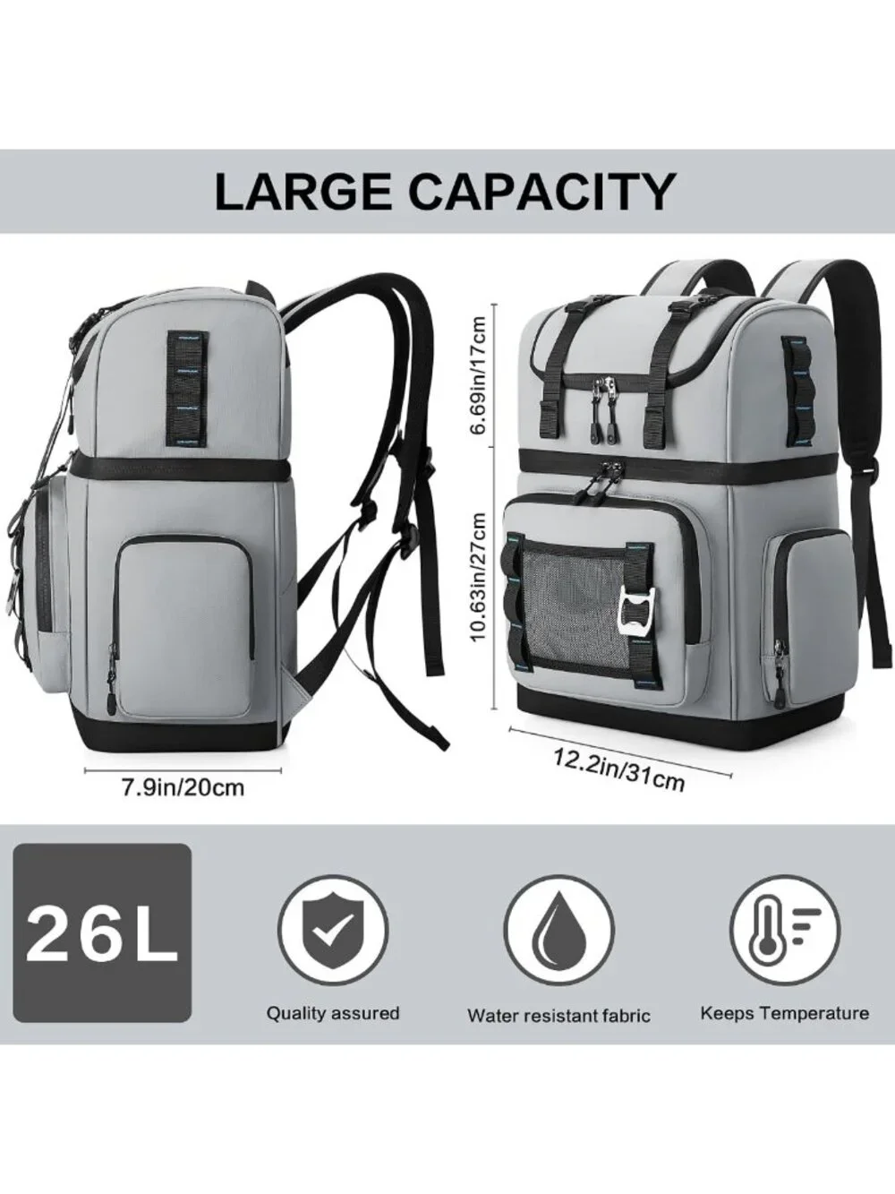 Large Insulated Waterproof Cooler Backpack - Double Decker, Leak Proof, 26L